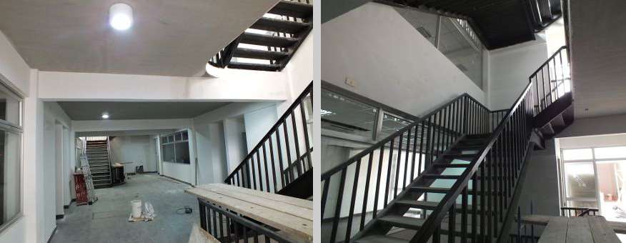 Inicio de la escala de caracol que une los pisos además del ascensor.